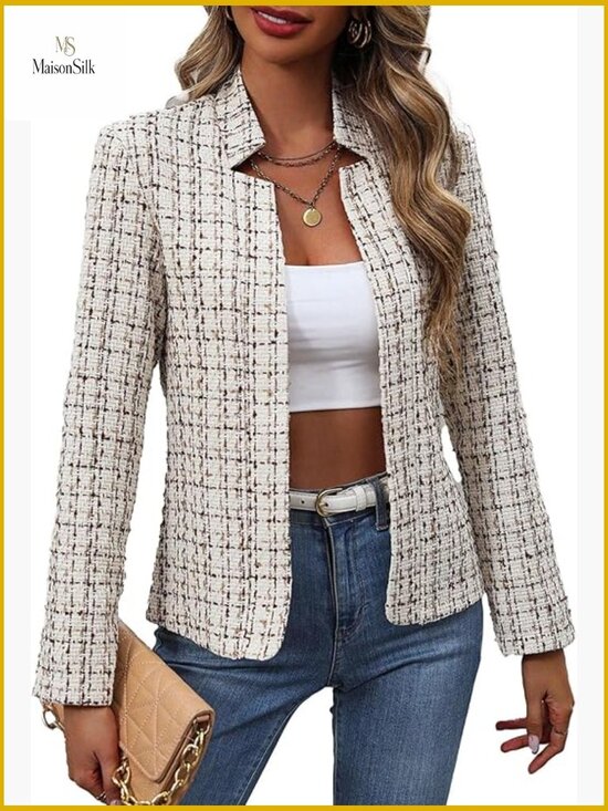 Jackets & Blazers - Lightweight Tweed Blazer Open Front Notch Collar Slim Fit Business Casual